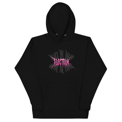 Black hoodie with pink and grey 'Electrum' logo