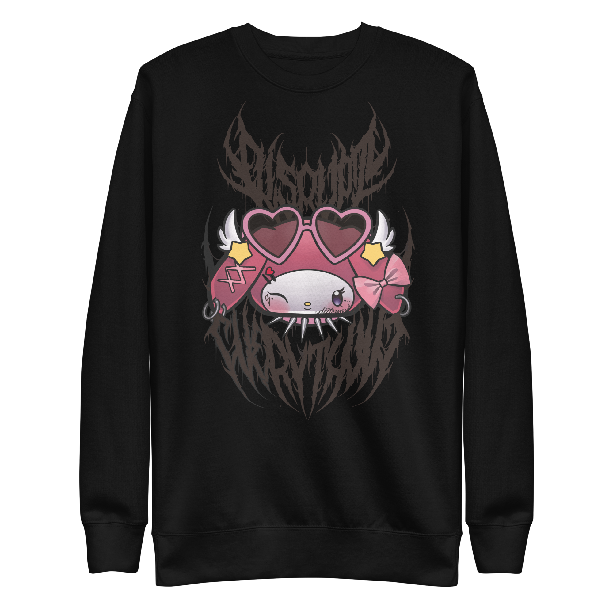  My Melody x abracassdabra x Electrum Ink sweatshirt in black with black lettering saying disrupt everything