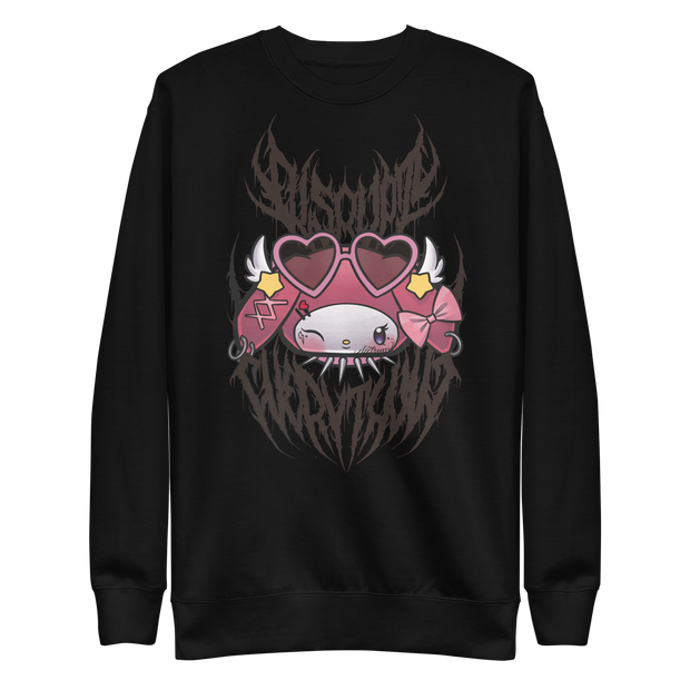  My Melody x abracassdabra x Electrum Ink sweatshirt in black with black lettering saying disrupt everything