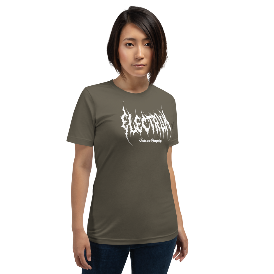 Person wearing a grey green t-shirt with white text saying electrum tattoo supply in a metal inspired font
