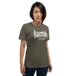 Person wearing a grey green t-shirt with white text saying electrum tattoo supply in a metal inspired font