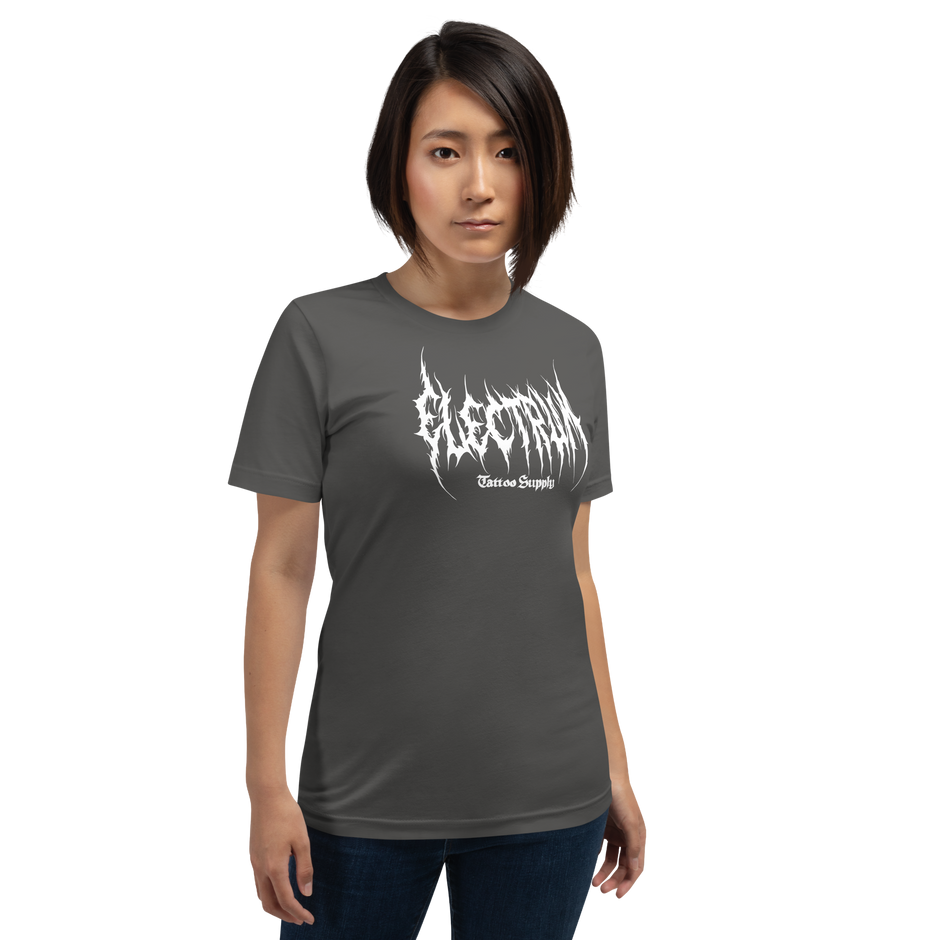 Person wearing a grey t-shirt with white text saying electrum tattoo supply in a metal inspired font