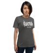 Person wearing a grey t-shirt with white text saying electrum tattoo supply in a metal inspired font