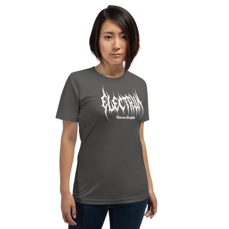 Person wearing a grey t-shirt with white text saying electrum tattoo supply in a metal inspired font