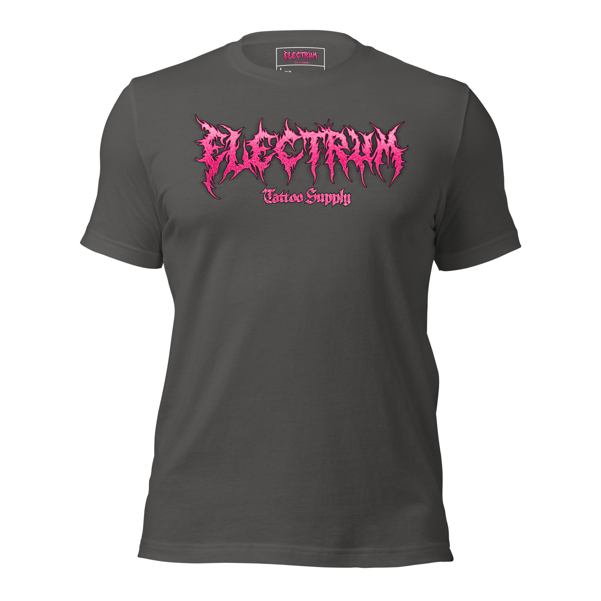 grey t-shirt with pink graphic glitter metal lettering saying "electrum tattoo supply"