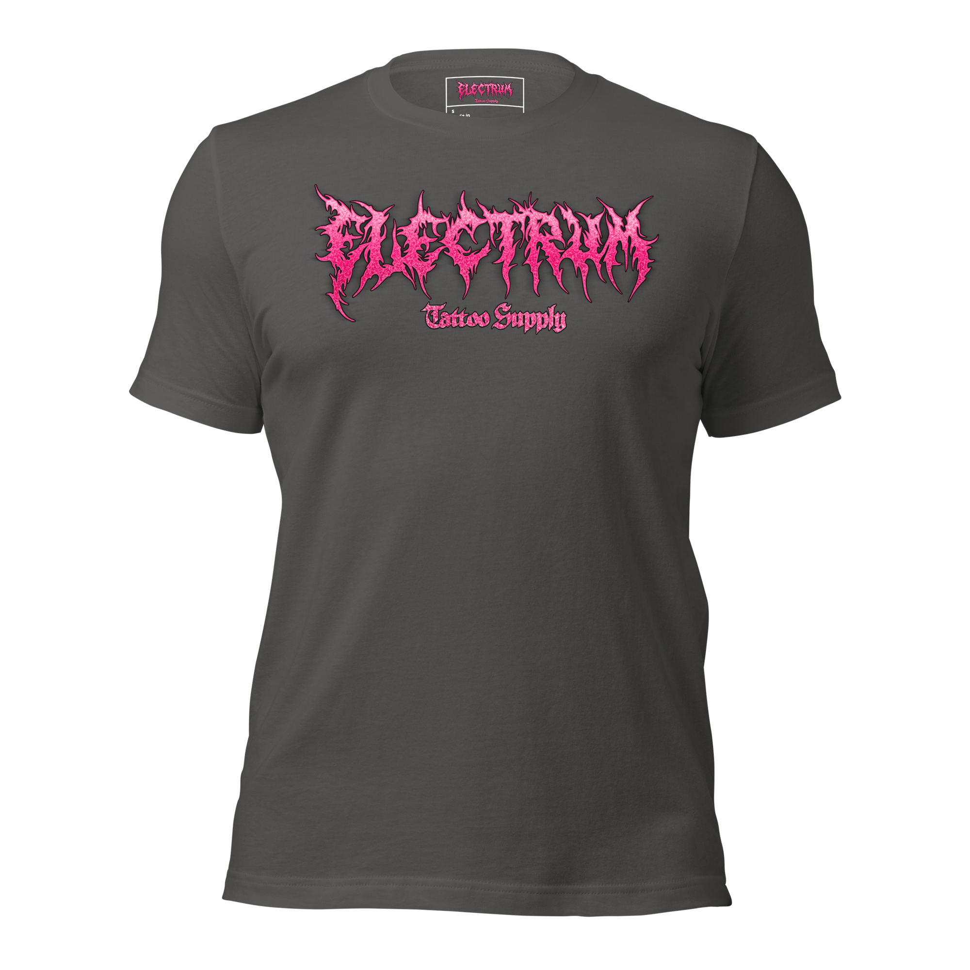 grey t-shirt with pink graphic glitter metal lettering saying "electrum tattoo supply"