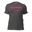 grey t-shirt with pink graphic glitter metal lettering saying 