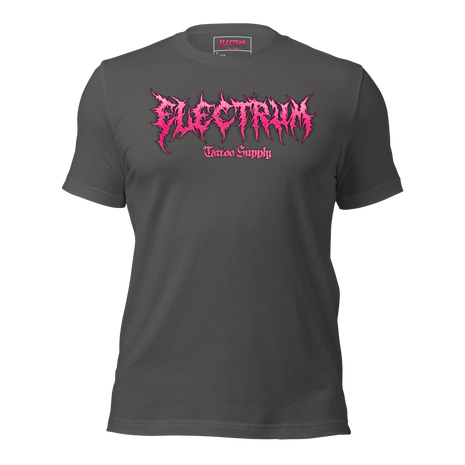 grey t-shirt with pink graphic glitter metal lettering saying "electrum tattoo supply"