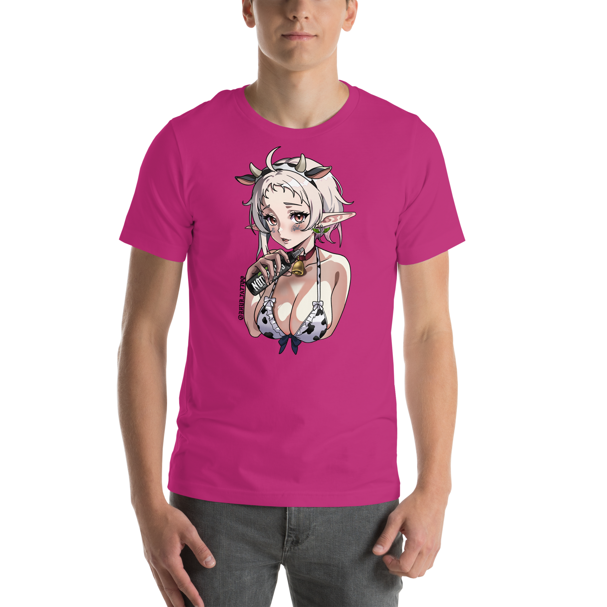 Person wearing a pink t-shirt with an anime-style character graphic. Moo-d Swing Tee – rhur_tattoo x Electrum Ink

