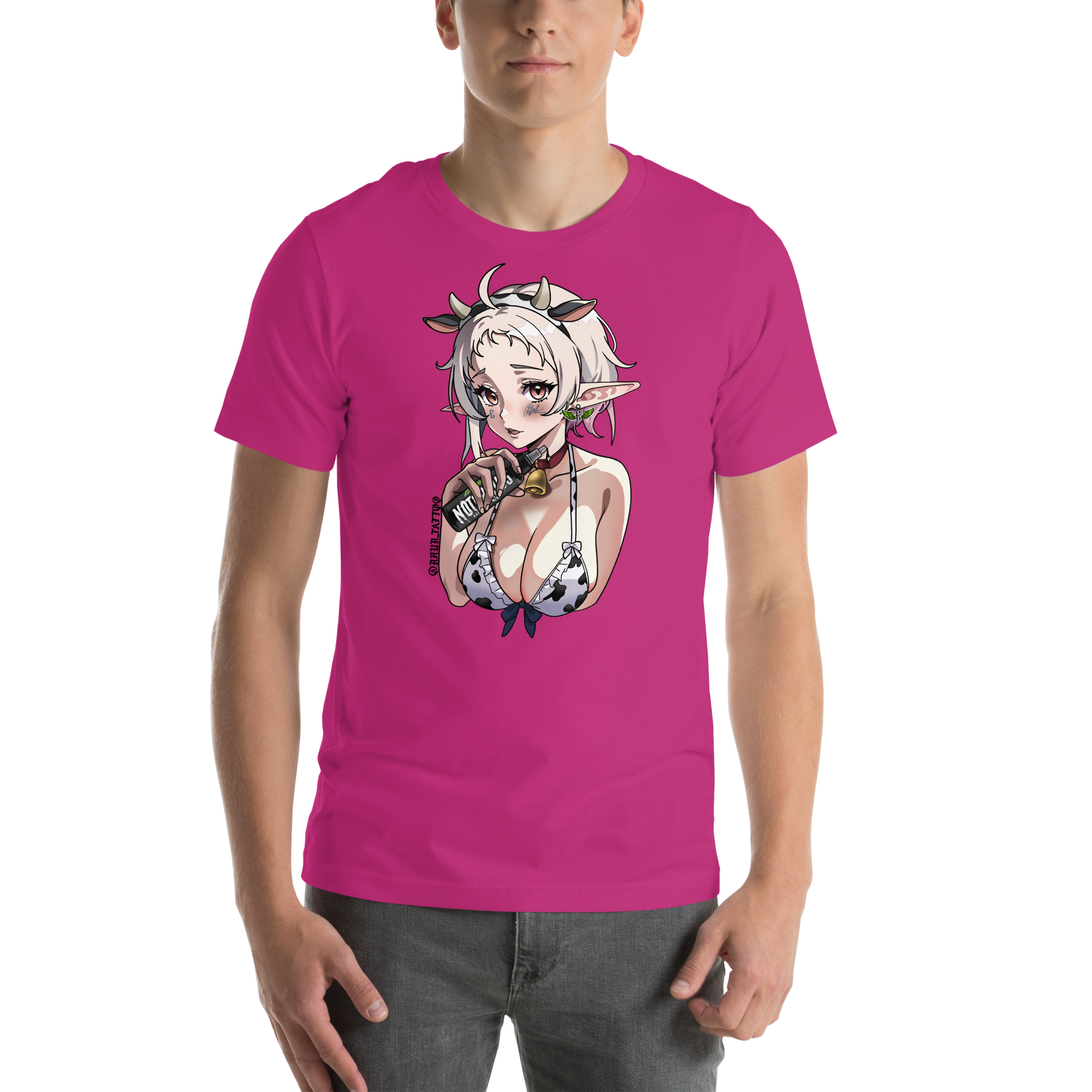 Person wearing a pink t-shirt with an anime-style character graphic. Moo-d Swing Tee – rhur_tattoo x Electrum Ink

