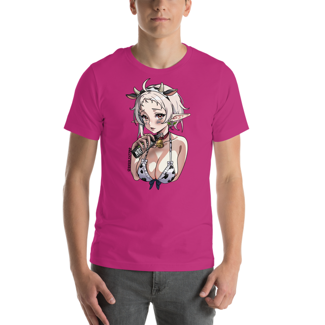 Person wearing a pink t-shirt with an anime-style character graphic. Moo-d Swing Tee – rhur_tattoo x Electrum Ink


