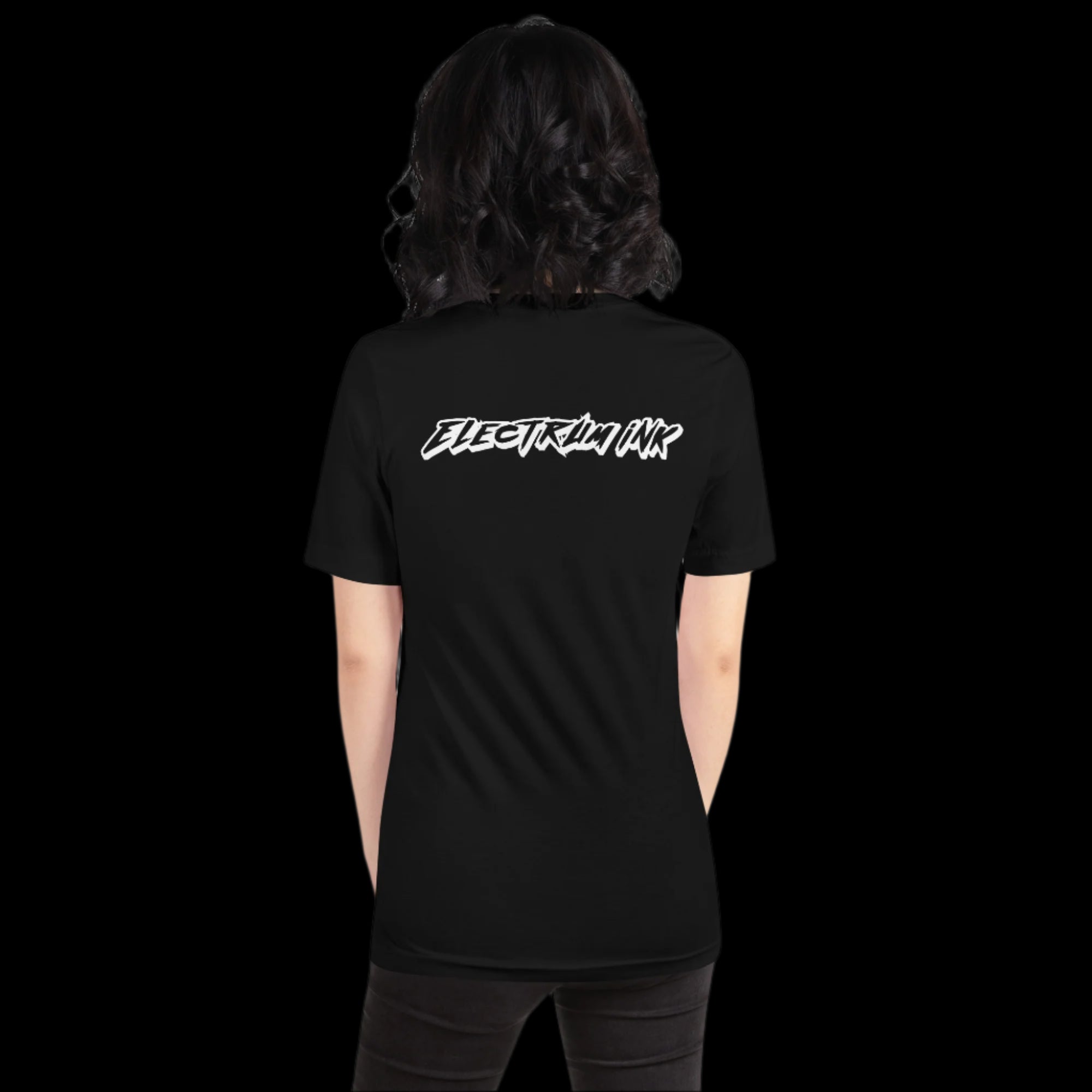 Person wearing a black t-shirt with 'ELECTRIFY' text on the back, standing against a white background