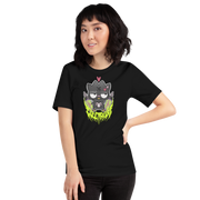 Person wearing a black t-shirt with a graphic design on a white background Badtz-Maru black tee abracassdabra 