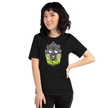 Person wearing a black t-shirt with a graphic design on a white background Badtz-Maru black tee abracassdabra 