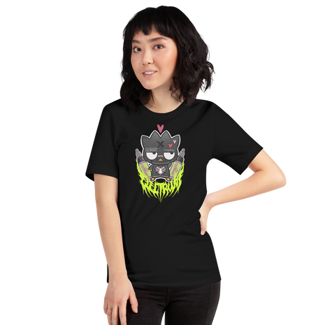 Person wearing a black t-shirt with a graphic design on a white background Badtz-Maru black tee abracassdabra 