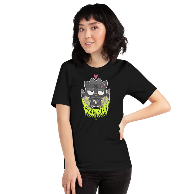 Person wearing a black t-shirt with a graphic design on a white background Badtz-Maru black tee abracassdabra 