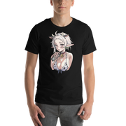 Person wearing a black t-shirt with an anime-style graphic design. Moo-d Swing Tee – rhur_tattoo x Electrum Ink

