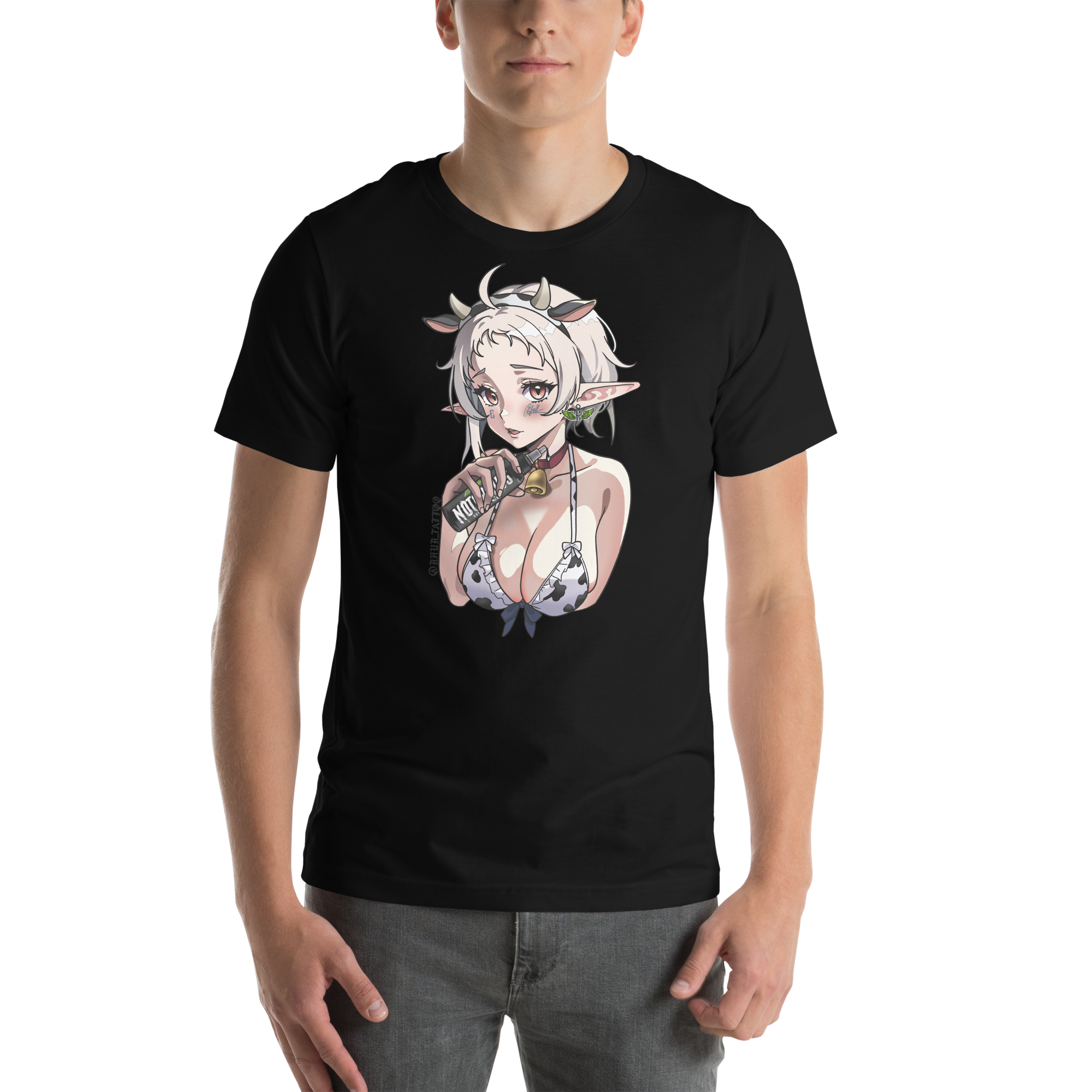 Person wearing a black t-shirt with an anime-style graphic design. Moo-d Swing Tee – rhur_tattoo x Electrum Ink

