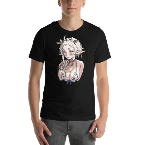 Person wearing a black t-shirt with an anime-style graphic design. Moo-d Swing Tee – rhur_tattoo x Electrum Ink

