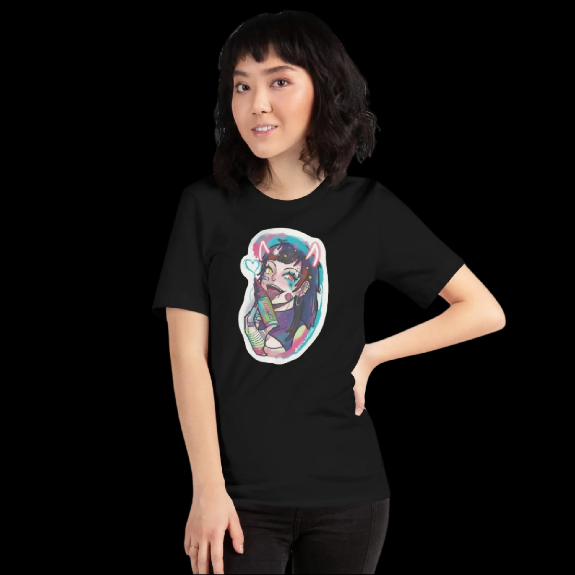 Person wearing a black t-shirt with a colorful graphic design on a black background