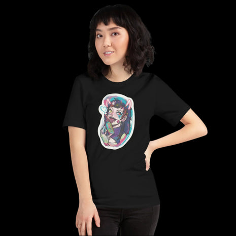 Person wearing a black t-shirt with a colorful graphic design on a black background