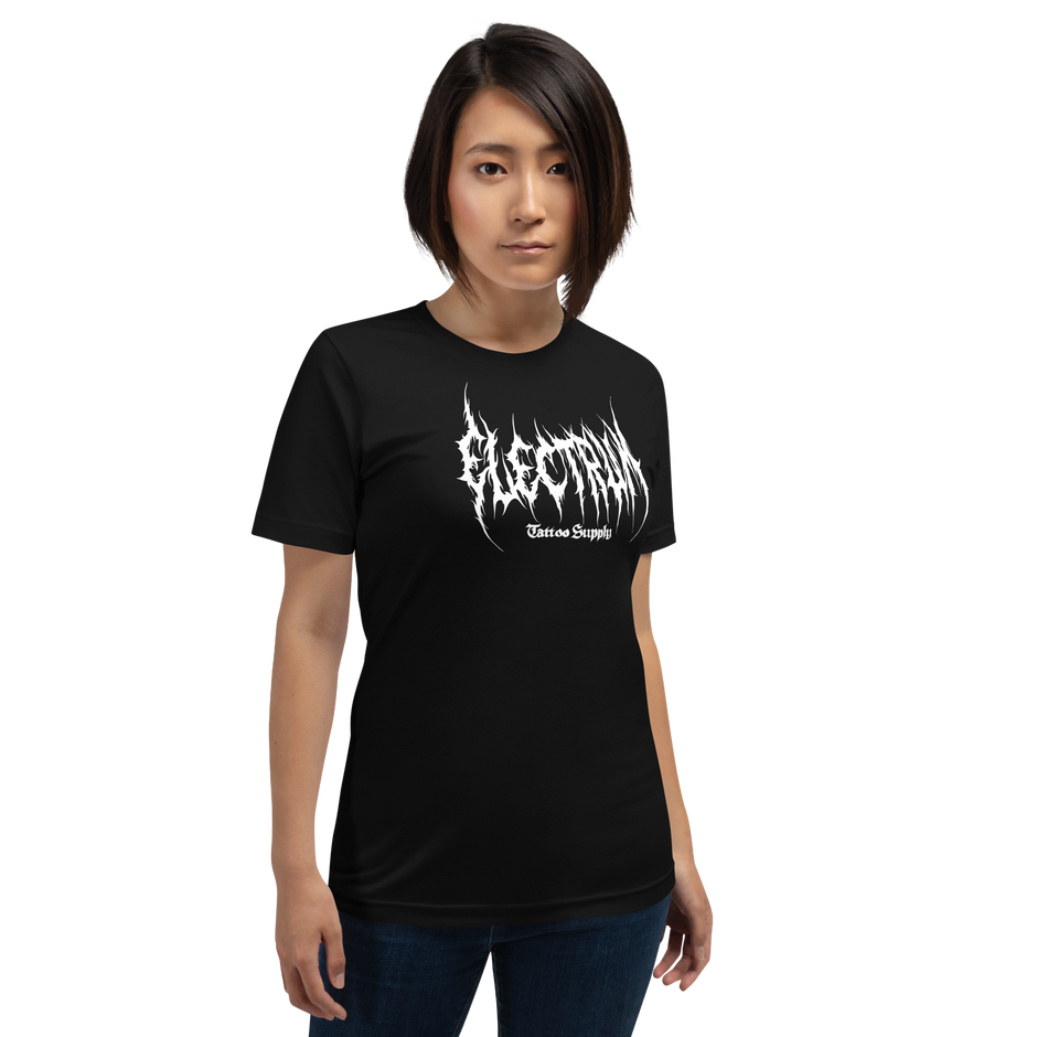 Person wearing a black t-shirt with white text saying electrum tattoo supply in a metal inspired font