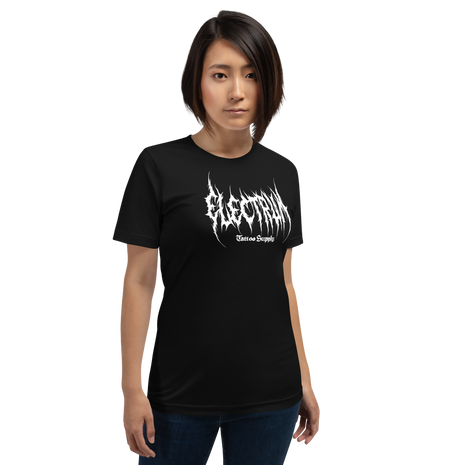 Person wearing a black t-shirt with white text saying electrum tattoo supply in a metal inspired font