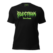 Black t-shirt with green electrum letterng with gliter