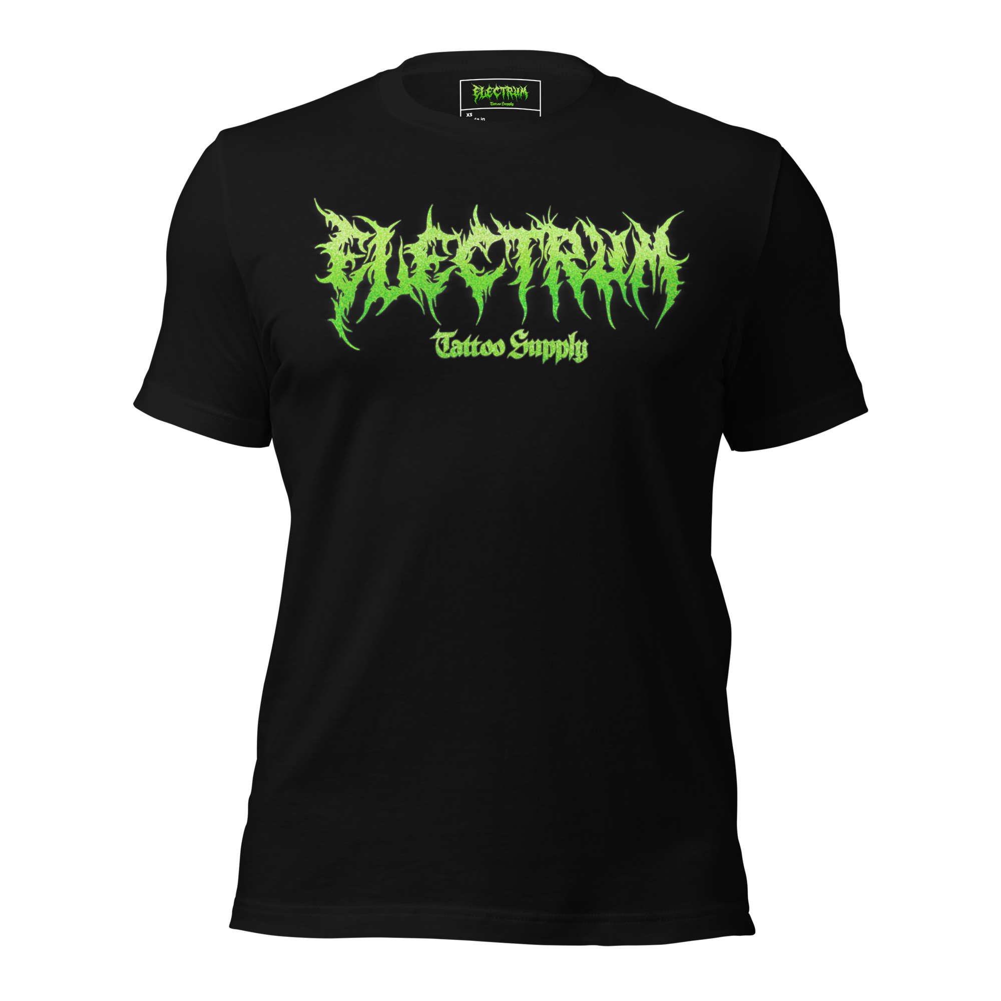 Black t-shirt with green electrum letterng with gliter