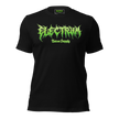 Black t-shirt with green electrum letterng with gliter