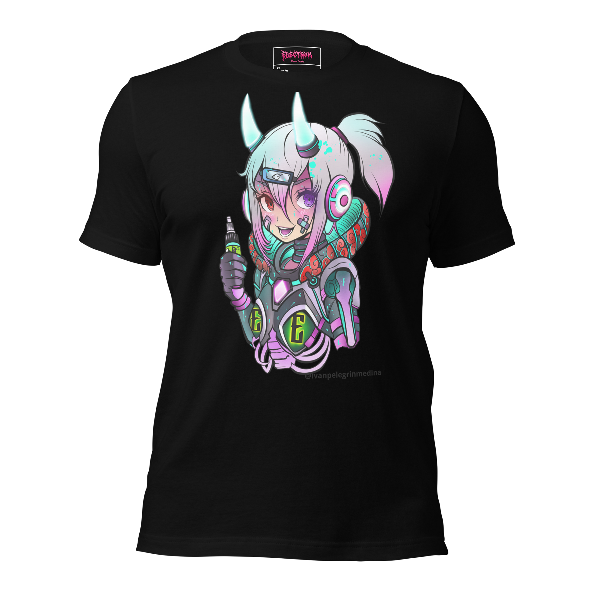 scifi anime design with ink by ivan pelegrin medina on a black tee
