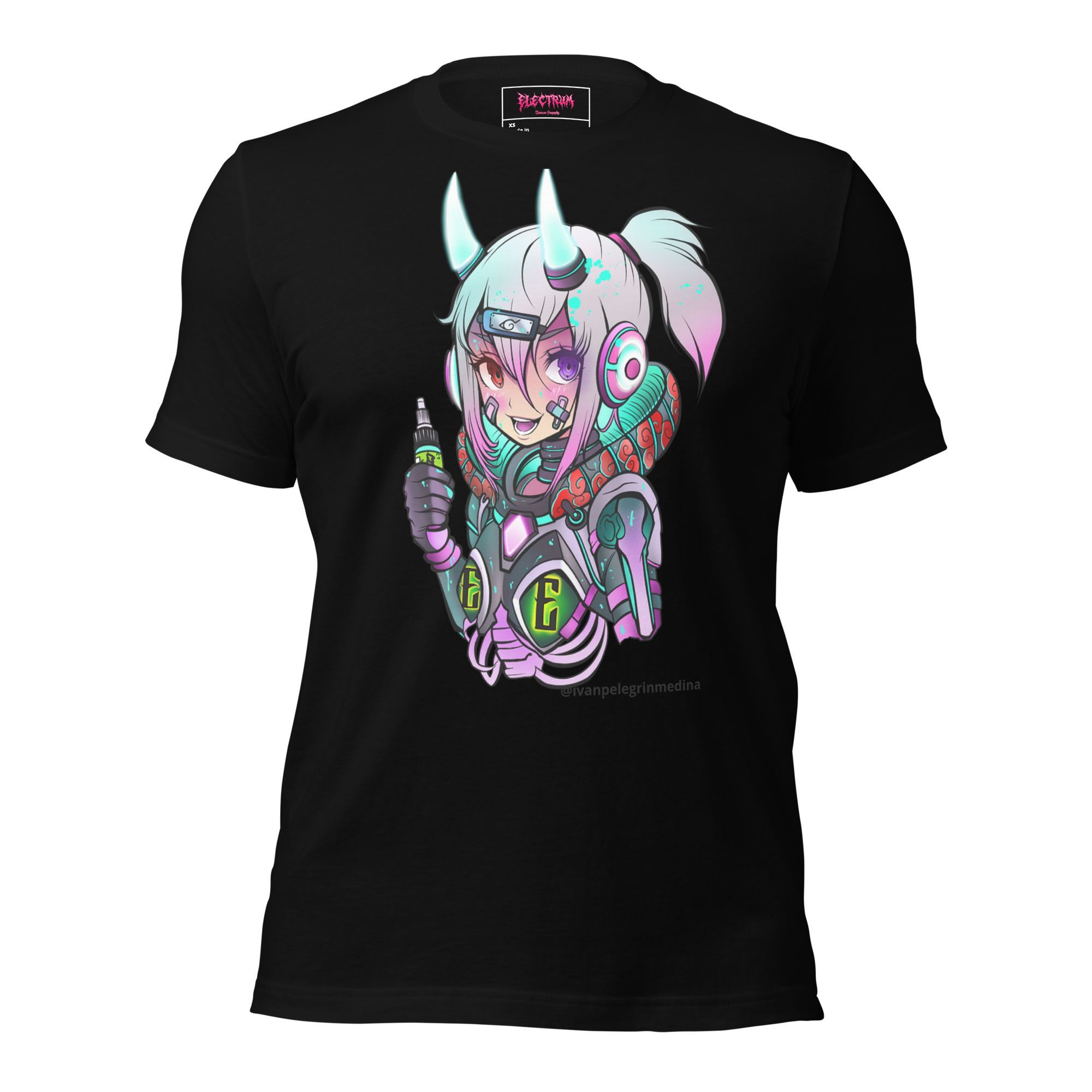 scifi anime design with ink by ivan pelegrin medina on a black tee
