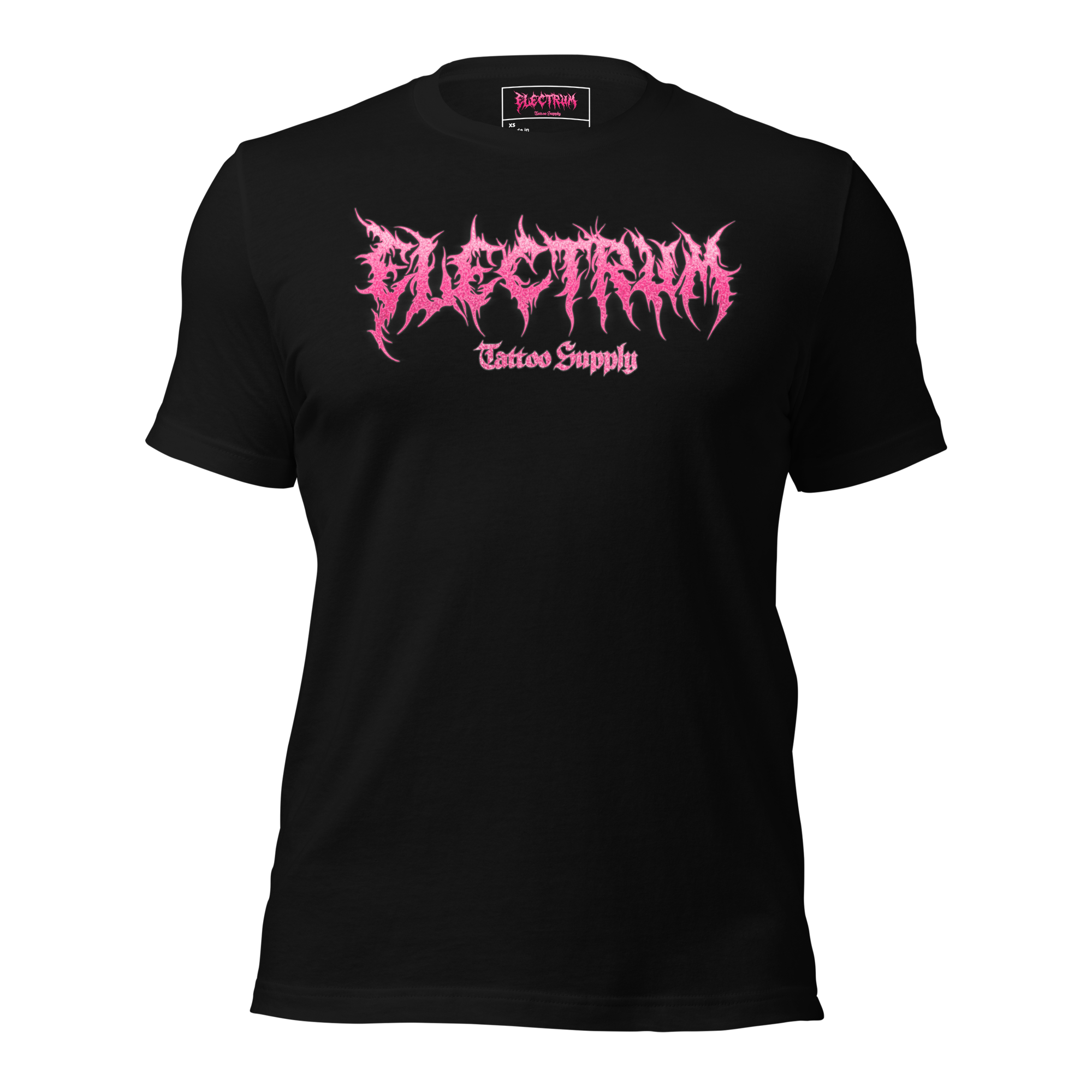 black t-shirt with pink graphic glitter metal lettering saying "electrum tattoo supply"