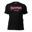 black t-shirt with pink graphic glitter metal lettering saying 