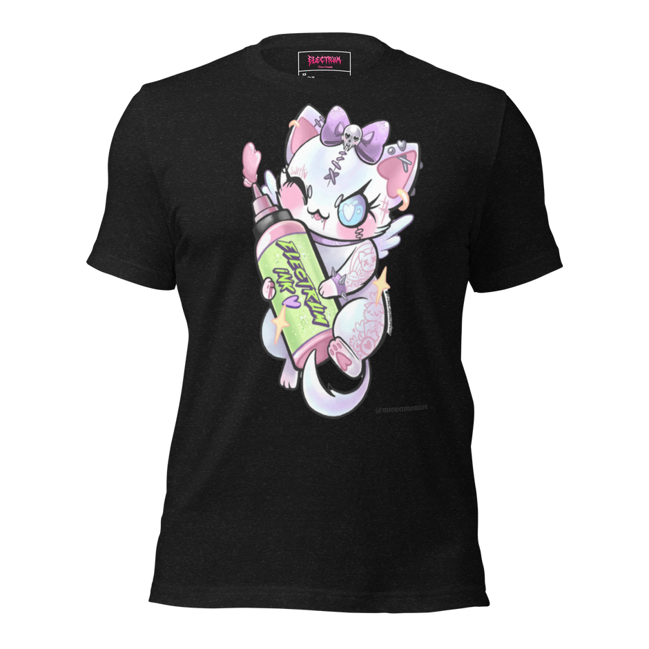 black t-shirt with a cartoon character holding a colorful bottle of electrum ink 