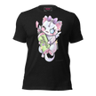 black t-shirt with a cartoon character holding a colorful bottle of electrum ink 