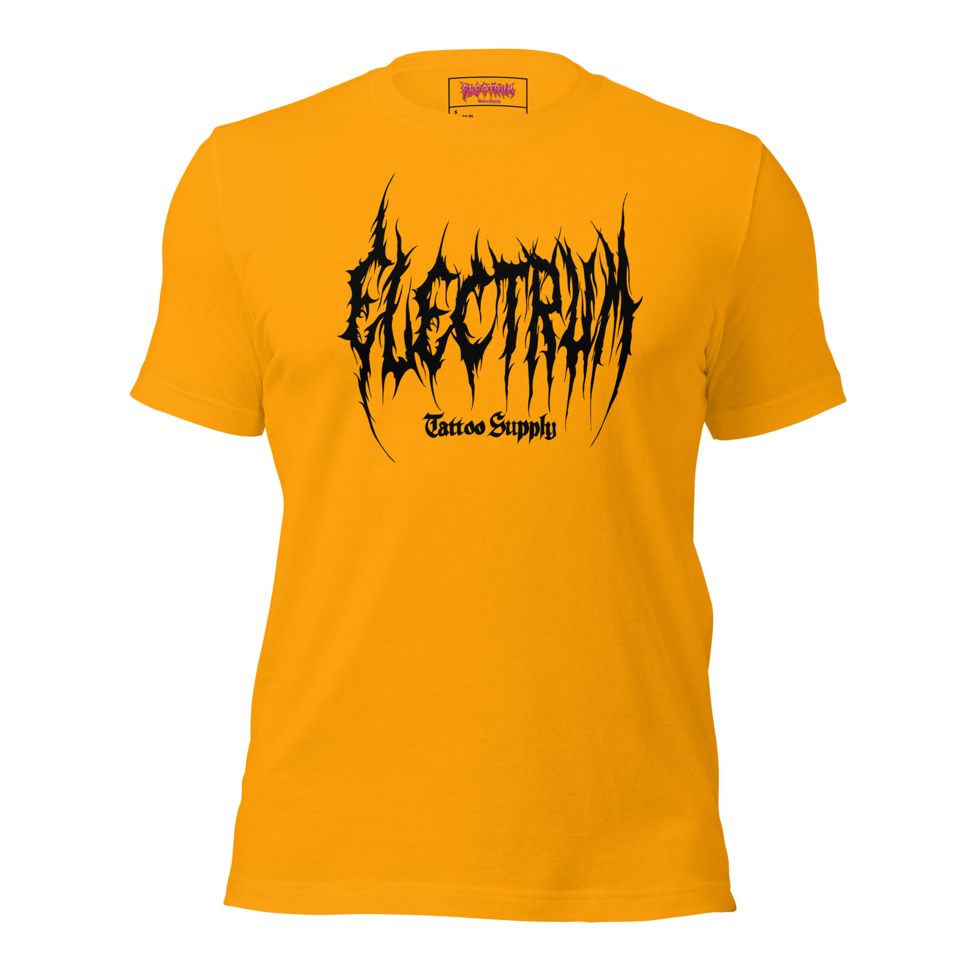 mustard t-shirt with black graphic metal font - electrum tattoo supply