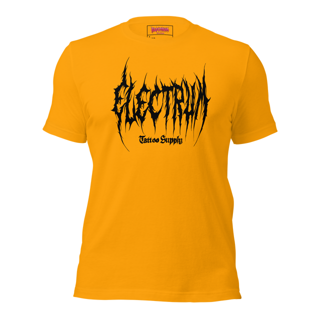 mustard t-shirt with black graphic metal font - electrum tattoo supply