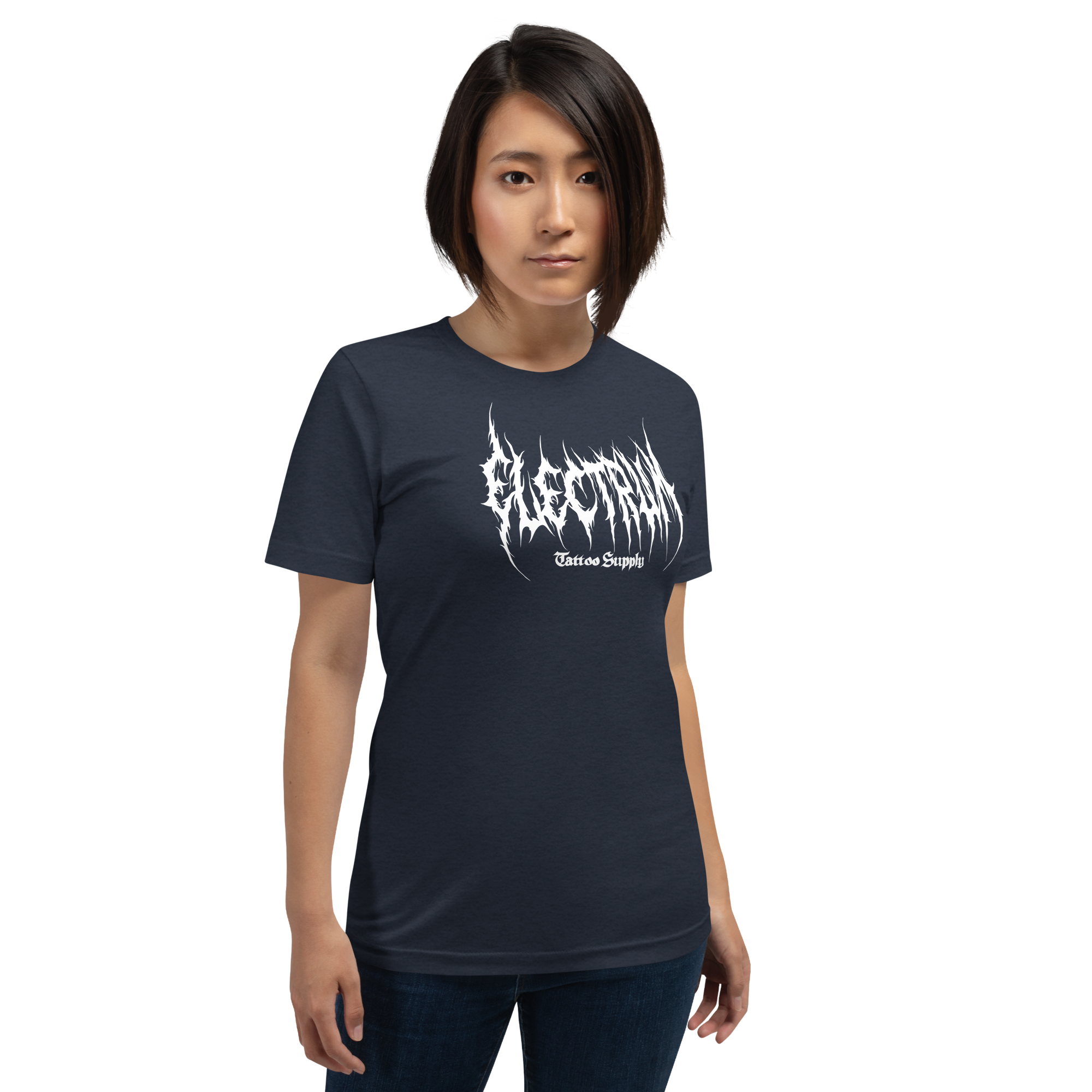 Person wearing a blue t-shirt with white text saying electrum tattoo supply in a metal inspired font