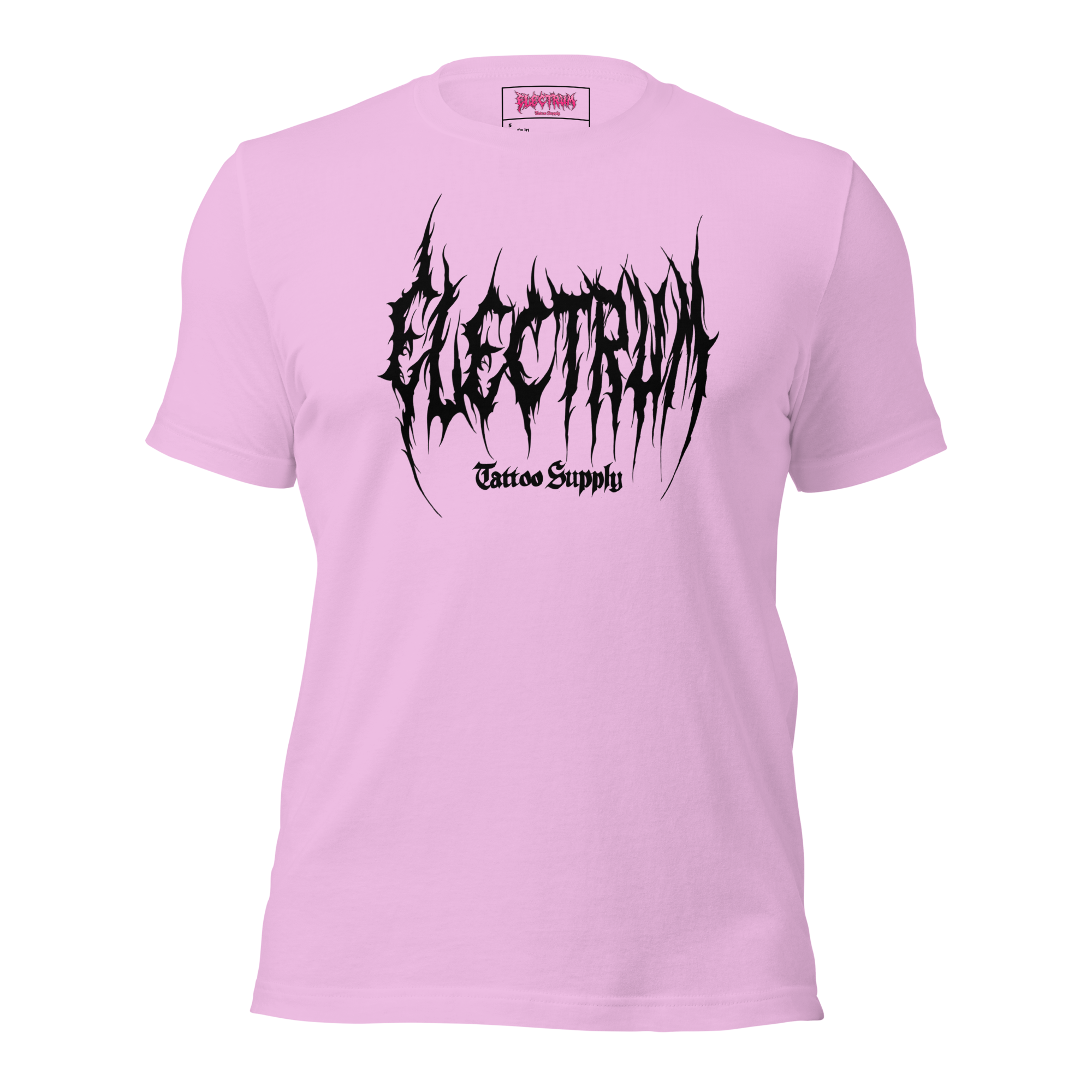 lilac t-shirt with black graphic metal font - electrum tattoo supply