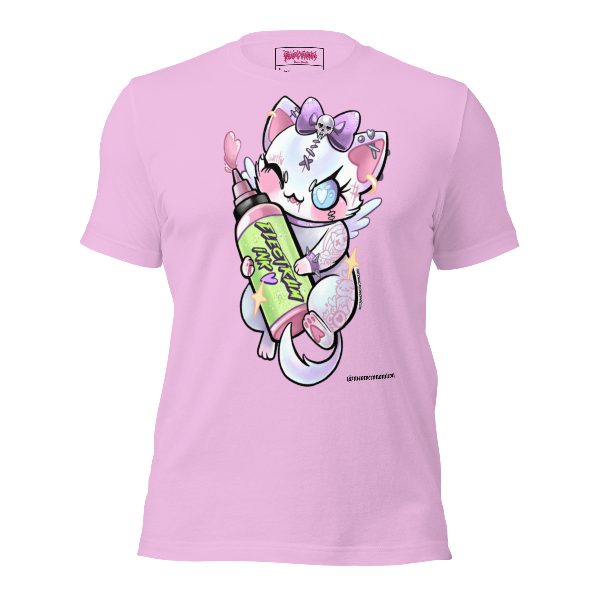 pink t-shirt with a cartoon character holding a colorful bottle of electrum ink 