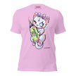 pink t-shirt with a cartoon character holding a colorful bottle of electrum ink 