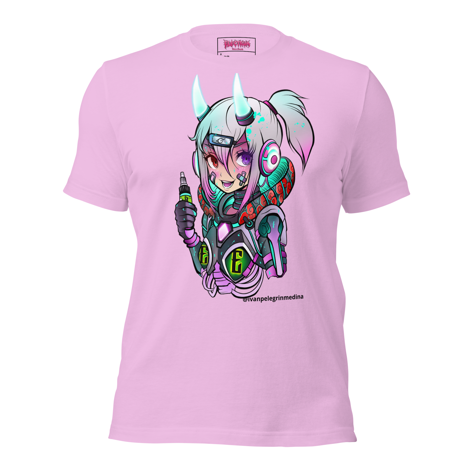 scifi anime design with ink by ivan pelegrin medina on a lilac tee
