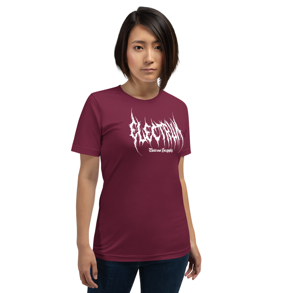 Person wearing a red t-shirt with white text saying electrum tattoo supply in a metal inspired font