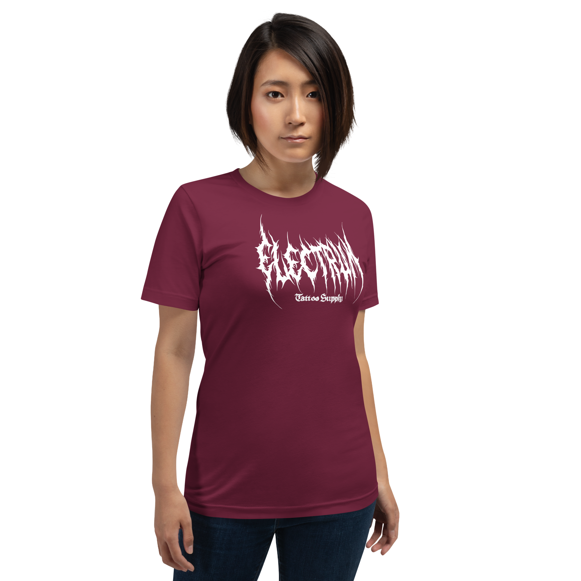 Person wearing a red t-shirt with white text saying electrum tattoo supply in a metal inspired font