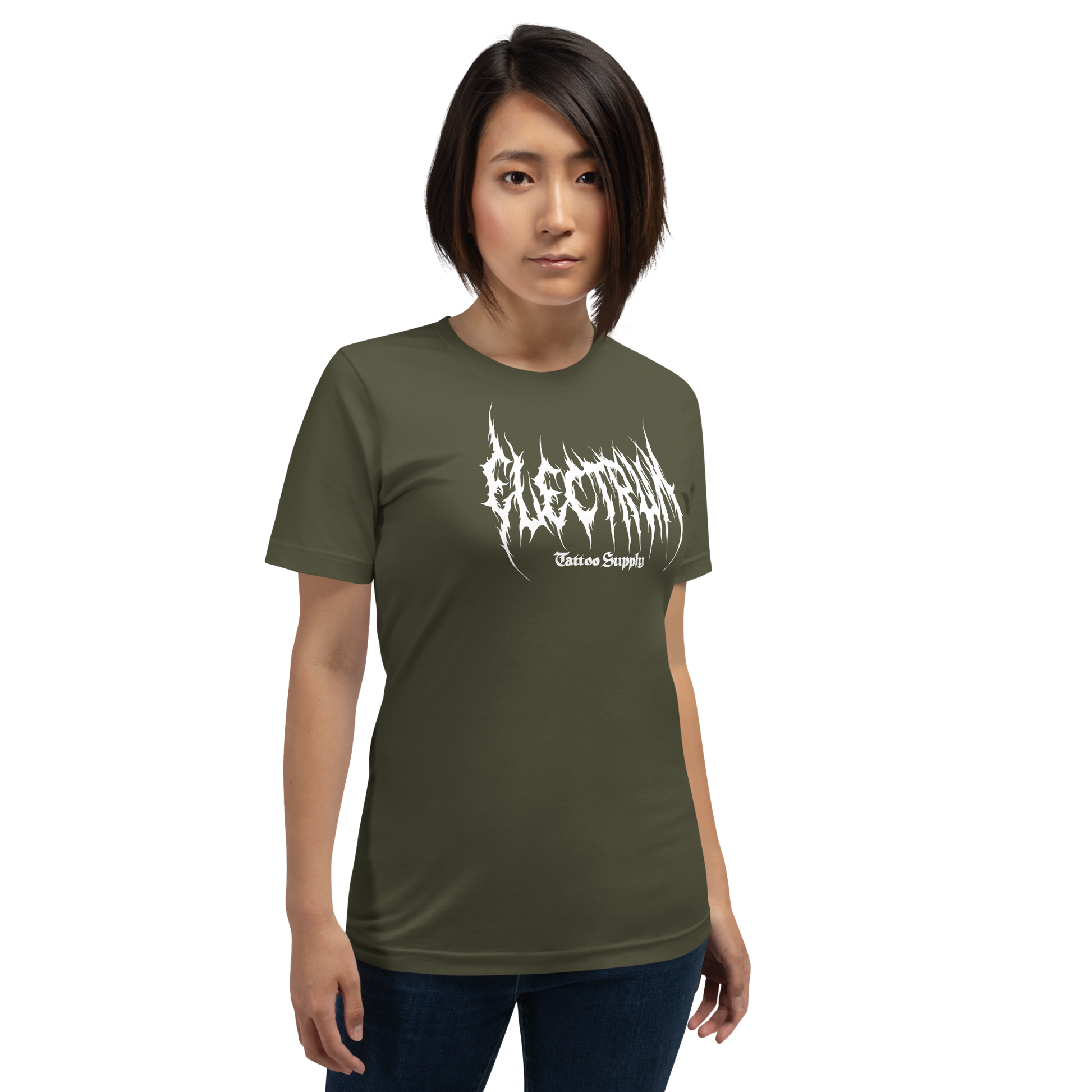 Person wearing a green t-shirt with white text saying electrum tattoo supply in a metal inspired font