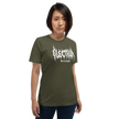 Person wearing a green t-shirt with white text saying electrum tattoo supply in a metal inspired font