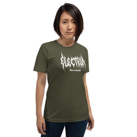 Person wearing a green t-shirt with white text saying electrum tattoo supply in a metal inspired font