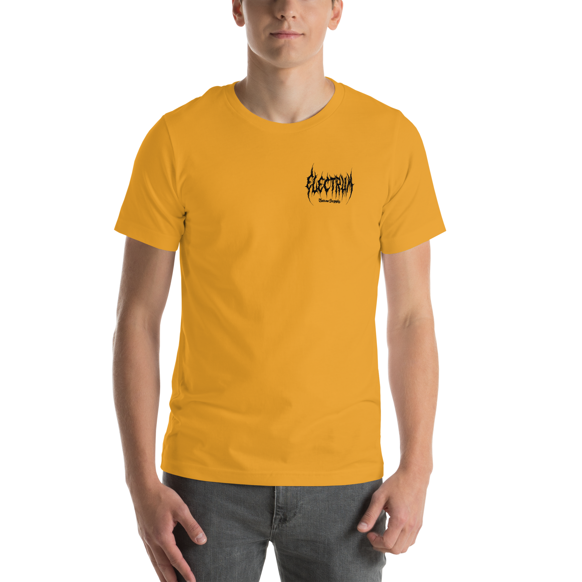 Person wearing a mustard yellow  t-shirt with a black electrum metal lettering logo on the chest