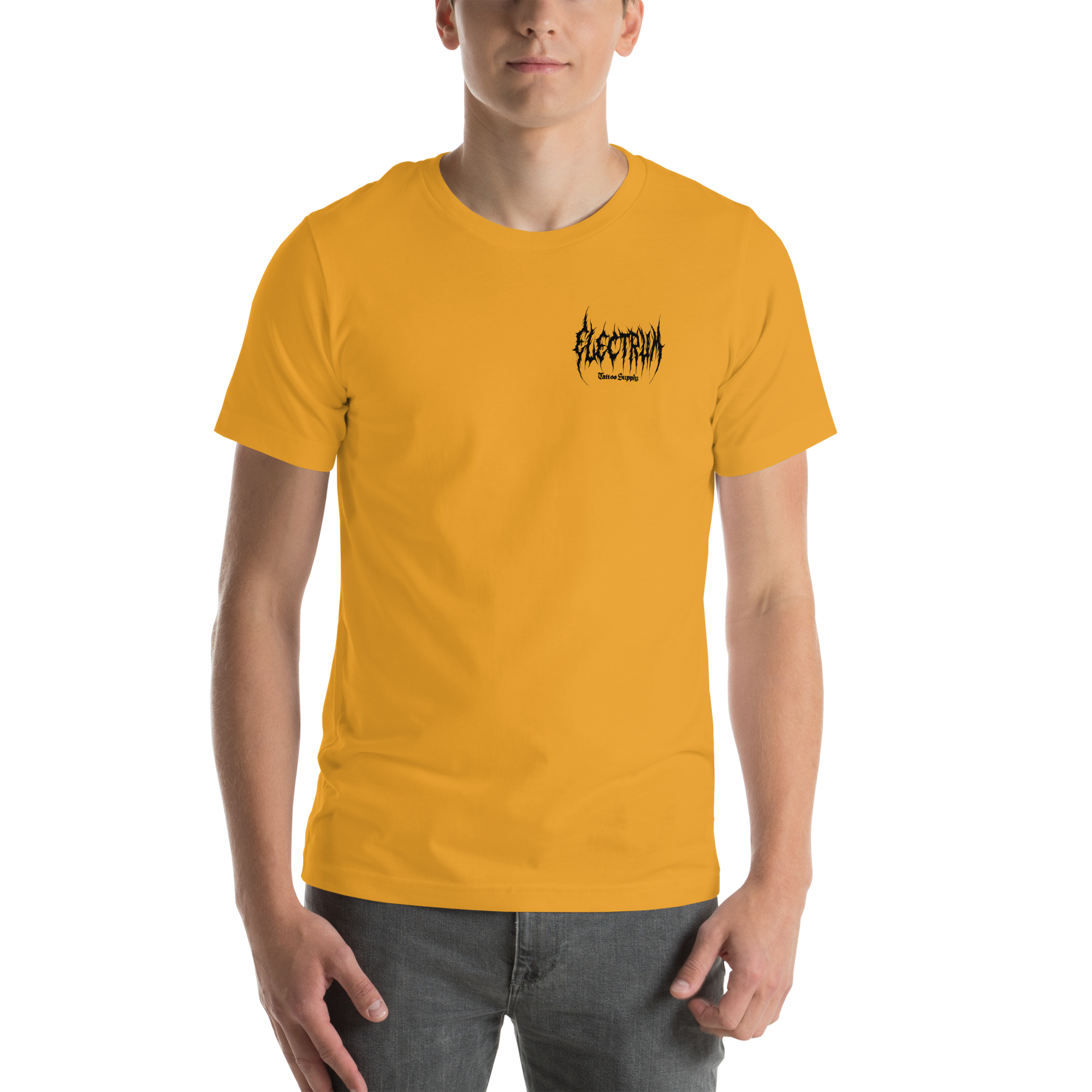 Person wearing a mustard yellow  t-shirt with a black electrum metal lettering logo on the chest